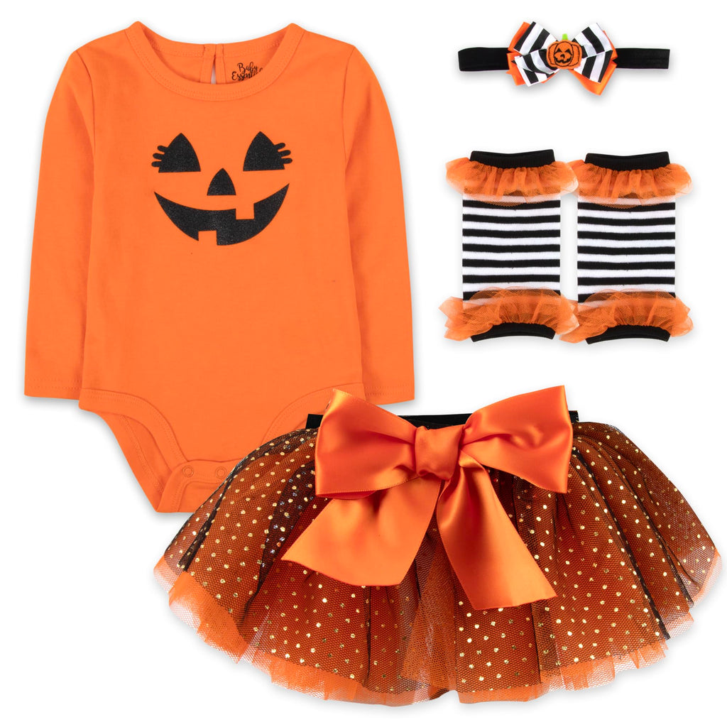 Baby Girl Halloween Outfit 4-Piece Pumpkin Set – Jack-O’-Lantern Bodysuit, Striped Pants, Tutu Skirt & Headband (9 months)