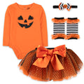 Baby Girl Halloween Outfit 4-Piece Pumpkin Set – Jack-O’-Lantern Bodysuit, Striped Pants, Tutu Skirt & Headband (9 months)