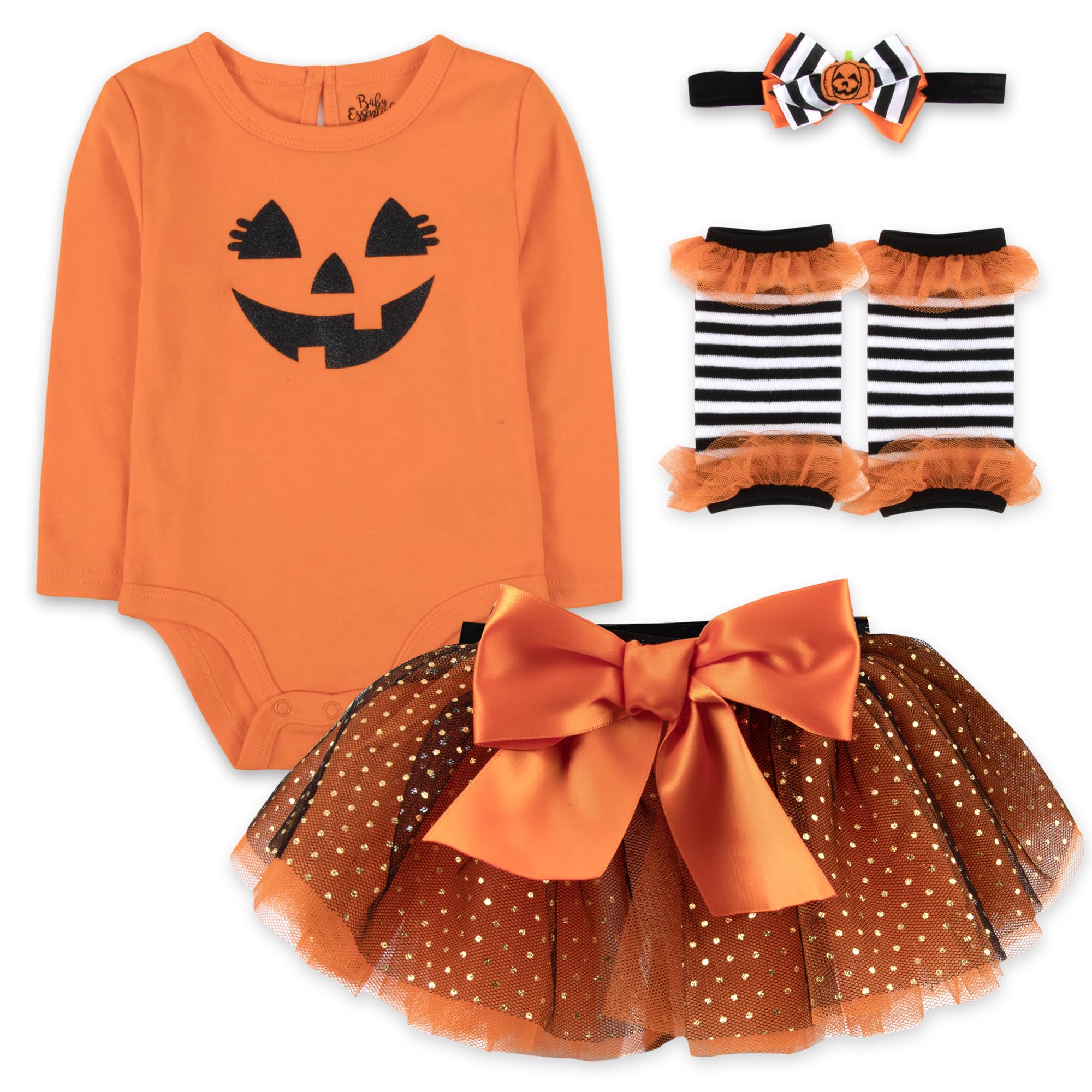 Baby Girl Halloween Outfit 4-Piece Pumpkin Set – Jack-O’-Lantern Bodysuit, Striped Pants, Tutu Skirt & Headband (9 months)