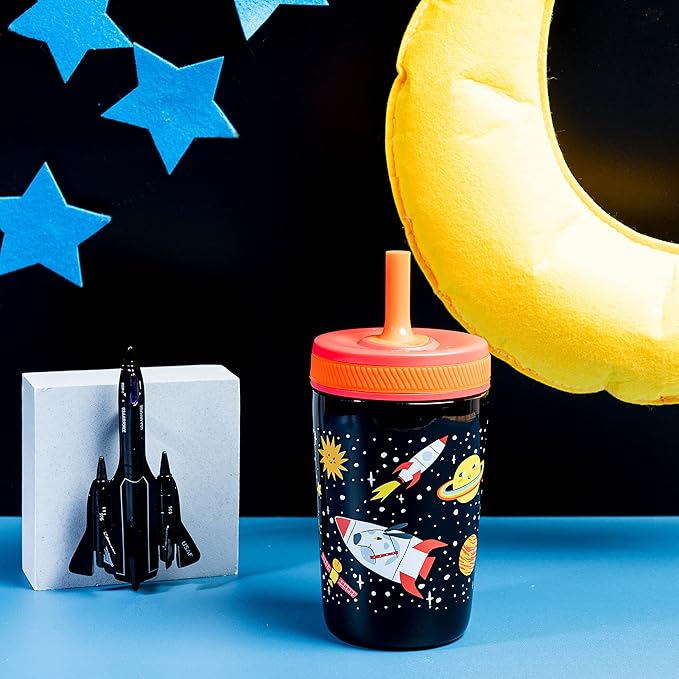 Zak Designs Kelso Toddler Cups For Travel or At Home, 12oz Vacuum Insulated Stainless Steel Sippy Cup With Leak-Proof Design is Perfect For Kids (Spaceships)