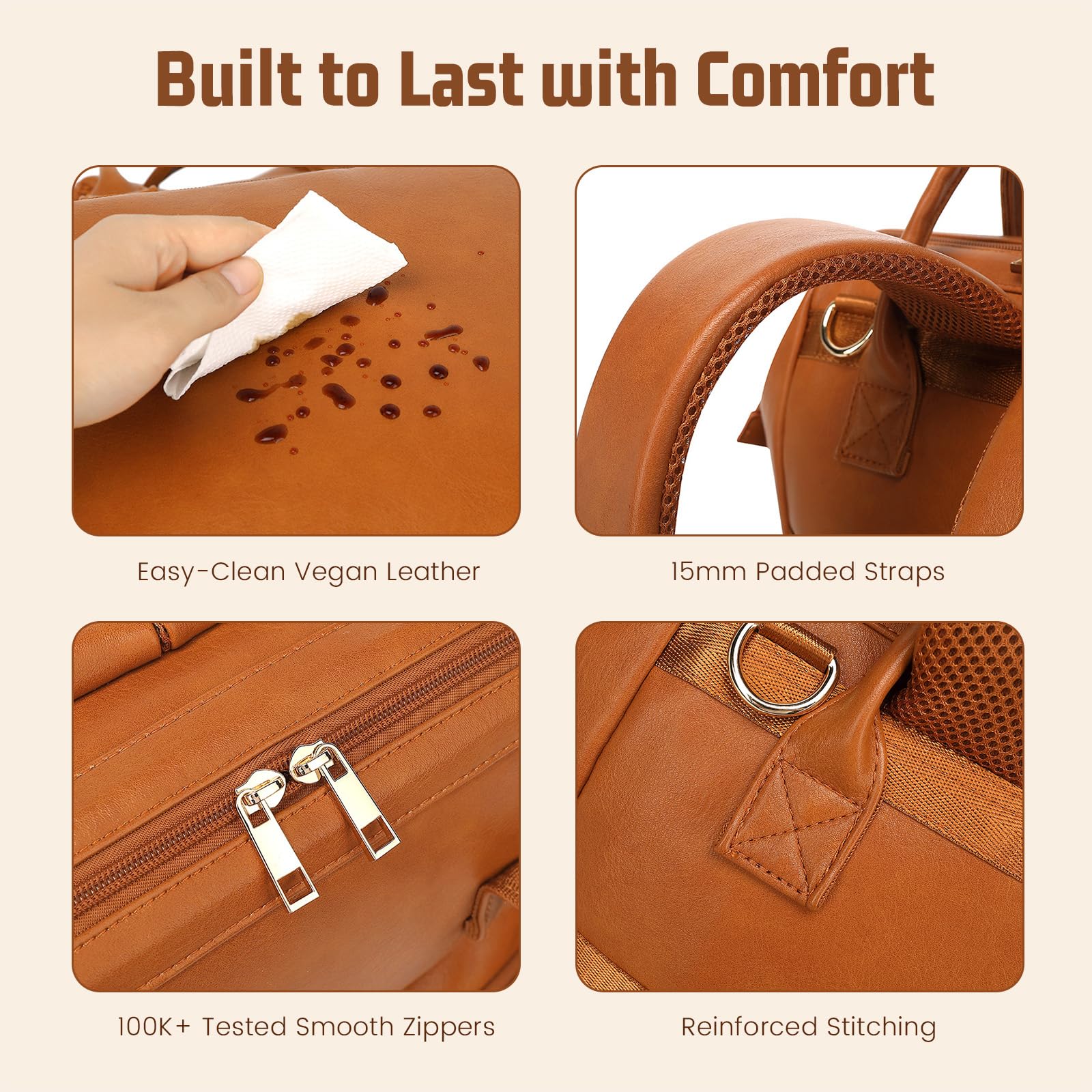 ROSEGIN Premium Vegan Leather Diaper Bag Backpack with Waterproof Changing Pad – Reinforced Stitching & Zippers, Baby Bag for Boy Girl, Stroller Straps, Ergonomic Design for Traveling Moms, Brown