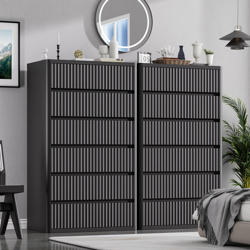 Standifurno Black 56" Tall Dresser for Bedroom, Fluted Modern 6 Drawers Deep Dressers, Wood Chest of Drawers with Handleless, Curved Profil Storage Closet Dressers for Bedroom, Living Room, Hallway