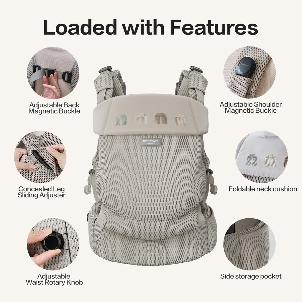 BEIESTATE Baby Carrier, Breathable Mesh, Newborn to Toddler, 7-33 lbs Khaki