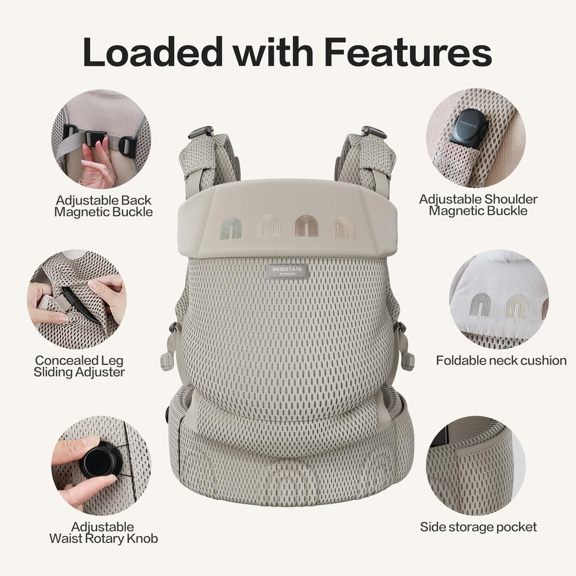 BEIESTATE Baby Carrier, Breathable Mesh, Newborn to Toddler, 7-33 lbs Khaki