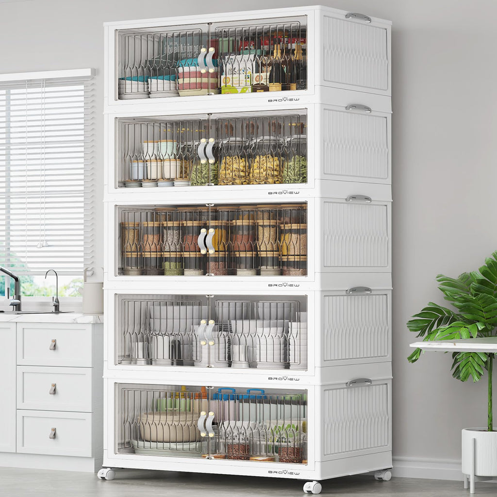 BROVIEW 600Qt Stackable Storage Bins with Lid, Extra Large Closet Organizer Collapsible Drawer Boxes with Wheels, Folding Plastic Cabinet Containers for Home Kitchen Room Organization, 5Pack White