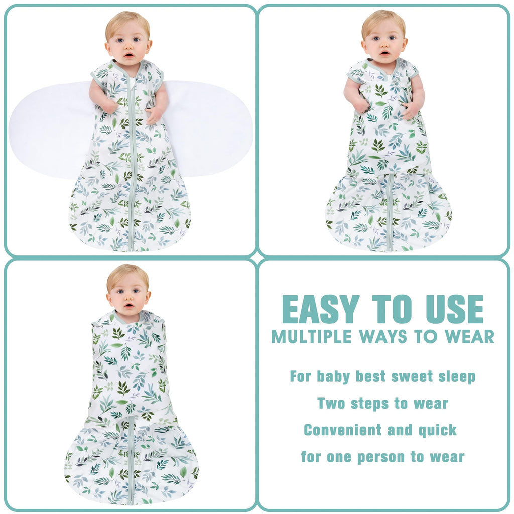 BSTOPPT Newborn Sleep Sack Baby Swaddle,Swaddle me 0-3 Month,3-Way Adjustable Wearable Blanket,100% Rayon Cotton Swaddling Sleeping Bag，TOG 0.5 (Leaf, 0-3 Months)