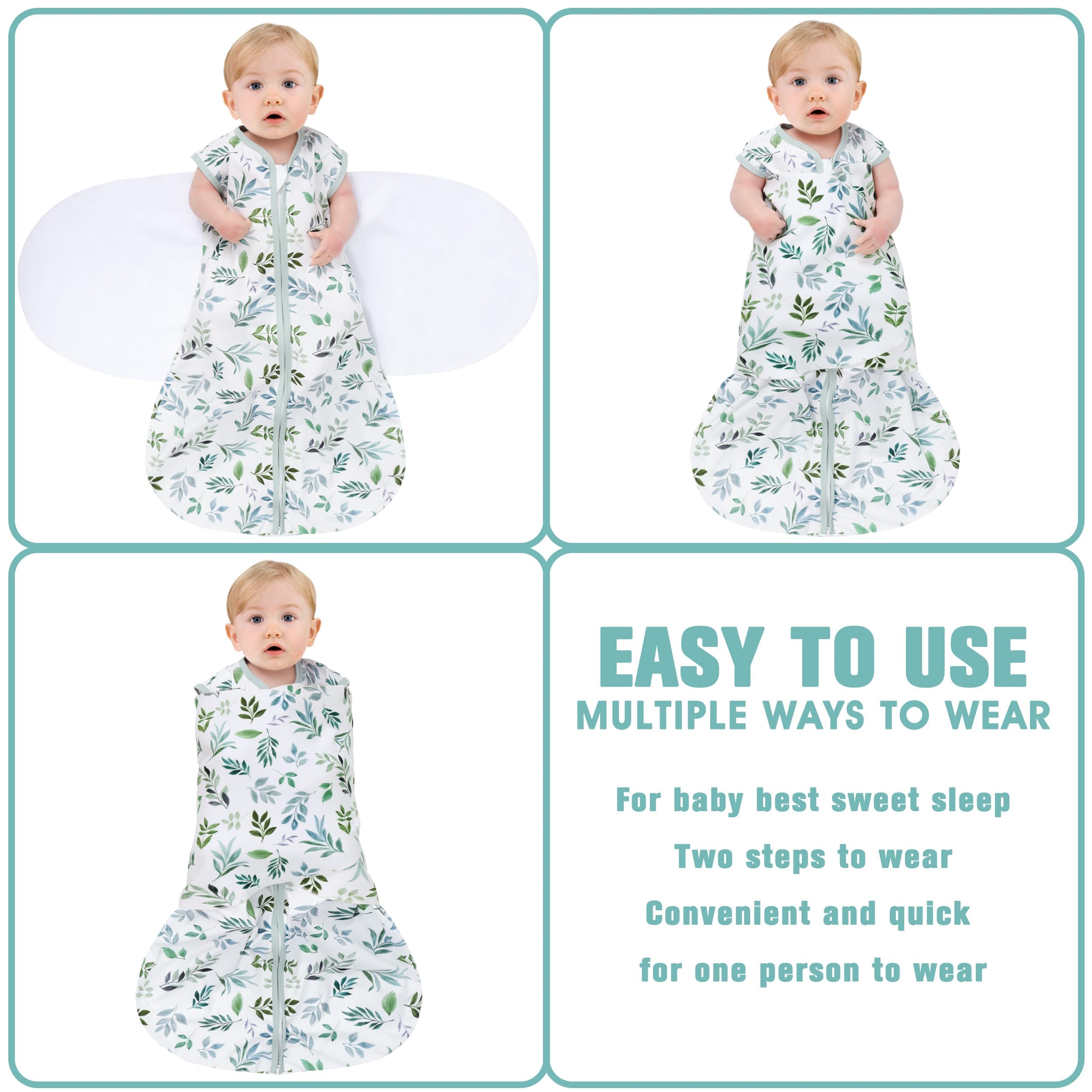 BSTOPPT Newborn Sleep Sack Baby Swaddle,Swaddle me 0-3 Month,3-Way Adjustable Wearable Blanket,100% Rayon Cotton Swaddling Sleeping Bag，TOG 0.5 (Leaf, 0-3 Months)