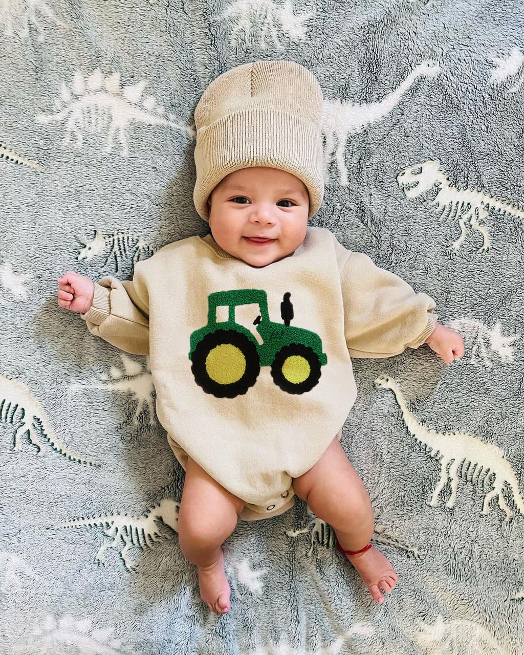 VISGOGO Newborn Infant Baby Boy Oversized Romper Sweater Bodysuits Coming Home Outfit Neutral Clothes (Beige-Tractor, 0-3 Months)