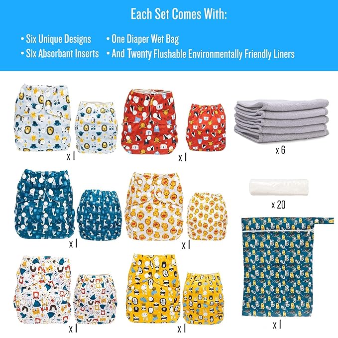 Simple Being Reusable Cloth Diapers, Double Gusset, One Size Adjustable, Washable Soft Absorbent, Waterproof Cover, Eco-Friendly Unisex Baby Girl Boy, six 4-Layers Microfiber Inserts (Boy Animals)