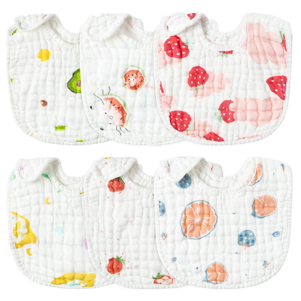 Zainpe 6Pcs Snap Muslin Cotton Baby Bibs Summer Strawberry Lemon Pattern Infants Feeding Bib Adjustable Machine Washable Unisex Burp Cloths with 6 Absorbent & Soft Layers for Drooling and Teething