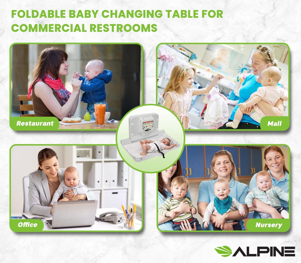 Alpine Wall Mounted Baby Changing Station - Horizontal Baby Changing Table Foldable Diaper Tables with Safety Strap for Commercial Bathroom, ADA Complaint (Hardware Included) White Gray