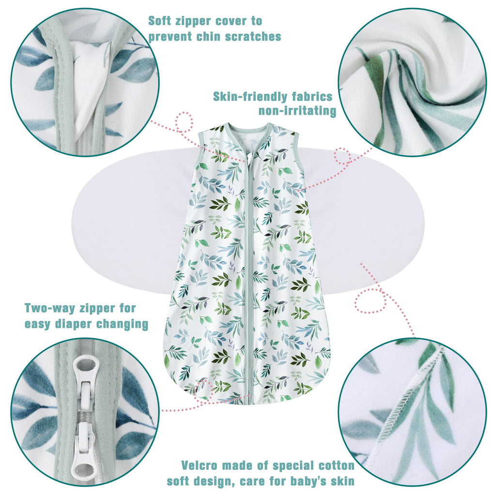 BSTOPPT Newborn Sleep Sack Baby Swaddle,Swaddle me 0-3 Month,3-Way Adjustable Wearable Blanket,100% Rayon Cotton Swaddling Sleeping Bag，TOG 0.5 (Leaf, 0-3 Months)