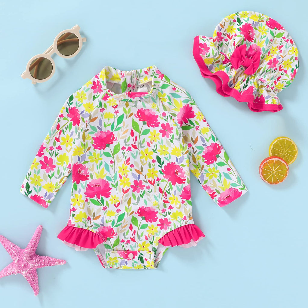Infant Baby Girl Swimsuit One-Piece Long Sleeve Rash Guard with Hat Set Floral Zipper Bathing Suit Leopard Beach Wear(Bright Yellow, 12-18M)