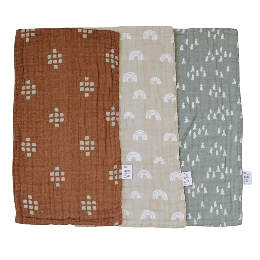 Mebie Baby Burp Cloths, Woods Print 3-Pack, Muslin Burp Cloth Set for Spit Up, Drool, and More, Boho Burp Cloths for Baby Boy and Girl, Baby Must Haves for Registry Lists and Gifts for Newborns