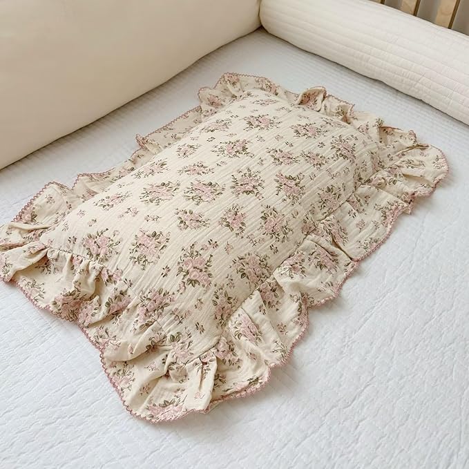 BuLuTu Muslin Cotton Toddler Pillowcases 14"x20", Shabby Chic Pink Floral Kids Pillow Cases Fit Toddler Pillow Sized 13"x18" Soft Children Pillow Covers for Girls Boys, Envelope Closure