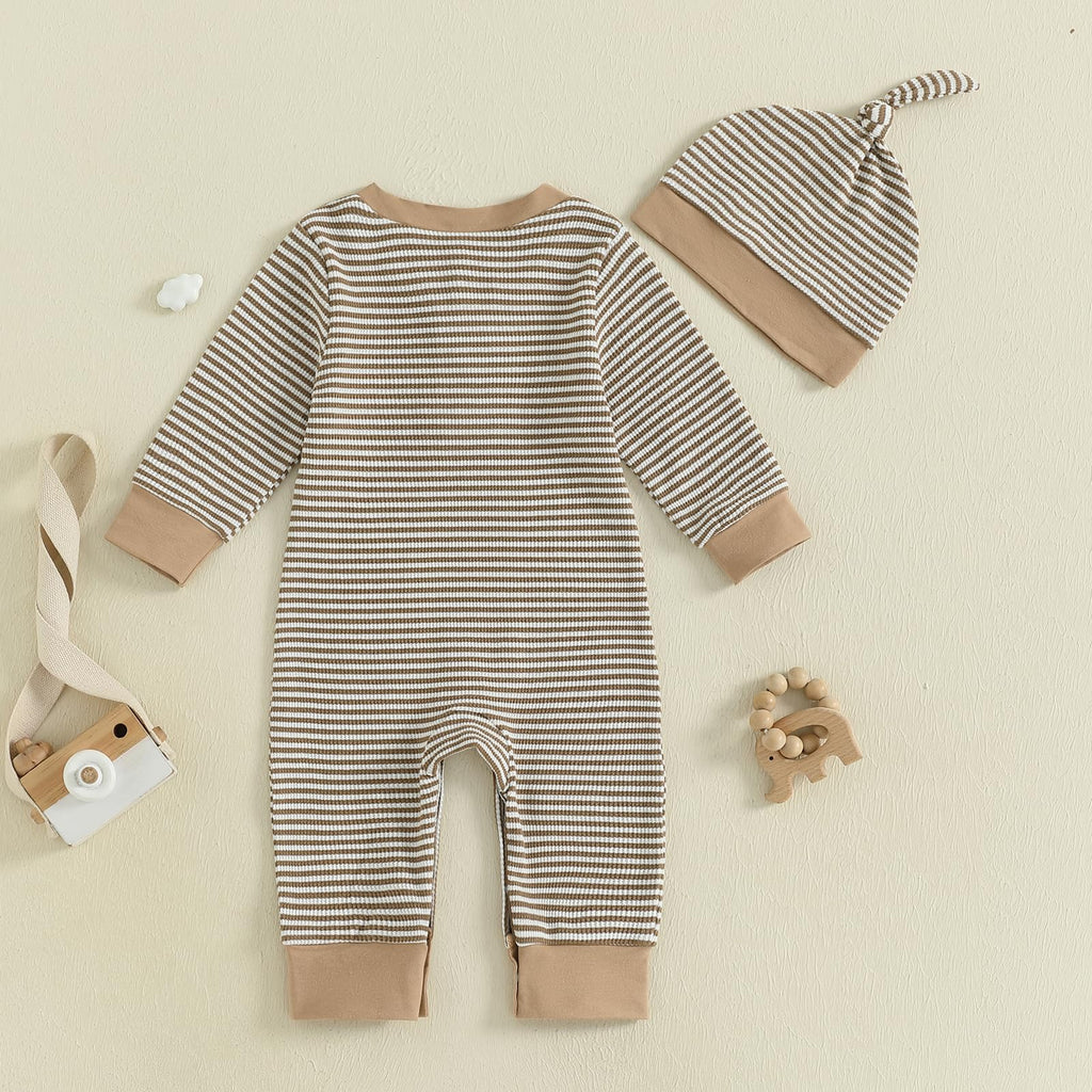Kuriozud Newborn Infant Unisex Baby Boy Girl Clothes Button Romper Jumpsuit Basic One Piece Outfits Striped Striped Long Sleeve with Hat Khaki, 0-3 Months