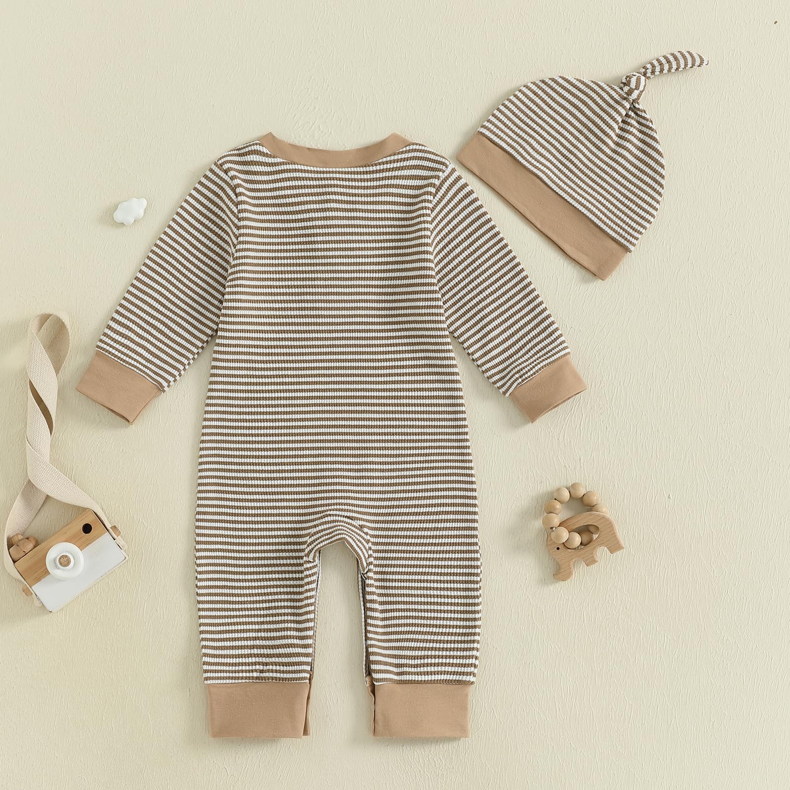 Kuriozud Newborn Infant Unisex Baby Boy Girl Clothes Button Romper Jumpsuit Basic One Piece Outfits Striped Striped Long Sleeve with Hat Khaki, 0-3 Months