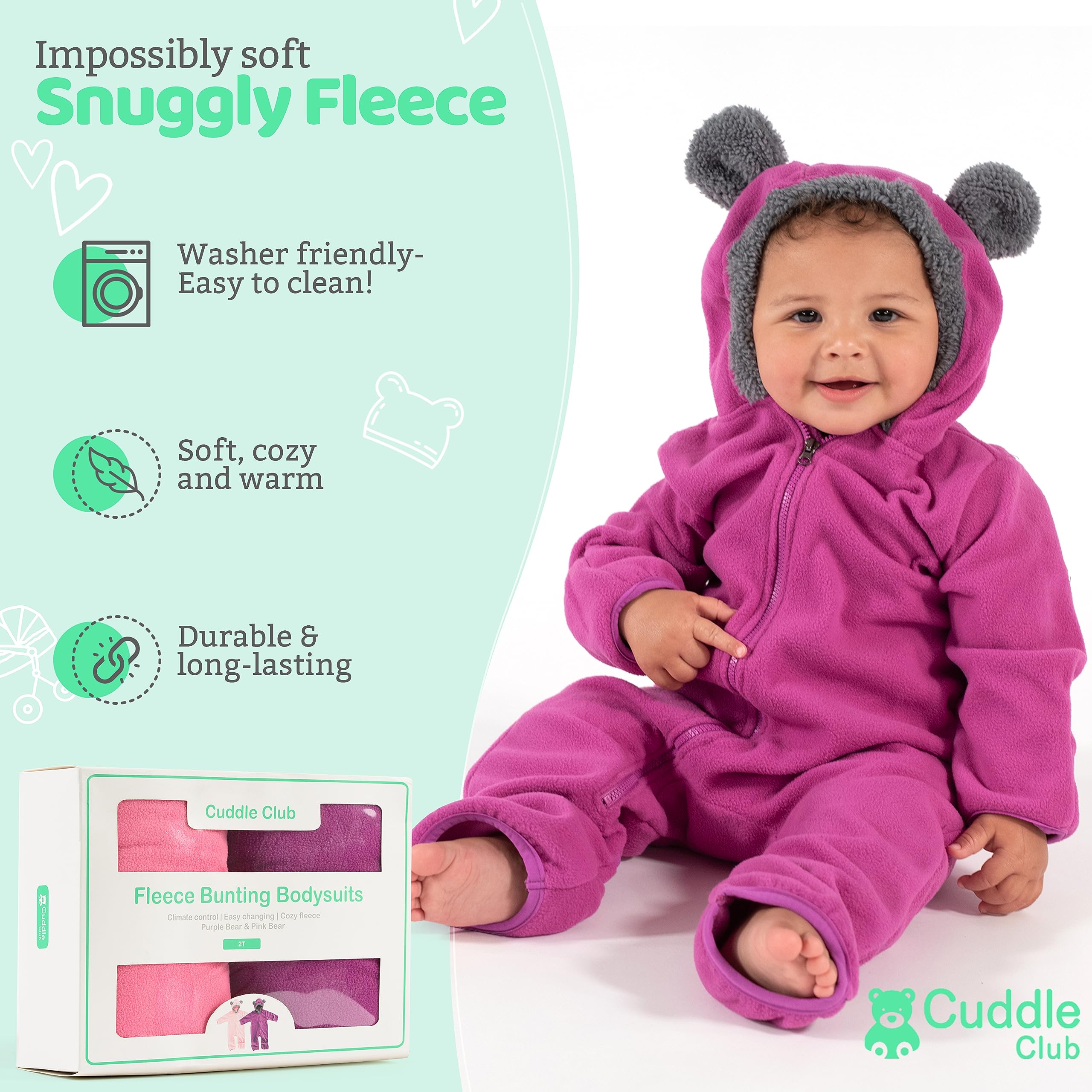 Cuddle Club Fleece Baby Bunting Bodysuit 2 Pack Bundle - Purple & Pink Bear Bunting Baby Fleece Jumpsuit - Teddy Bear Buntings - Newborn Snowsuits 18-24 months - Infant Girls Buntings Suits
