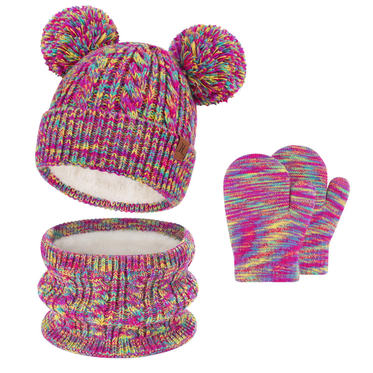 Kids Toddler Winter Hats Touchscreen Scarfs Gloves Set Pompom Beanie Caps Neck Warmer with Fleece for 5-8 Years Old Baby Girls Boys Gifts