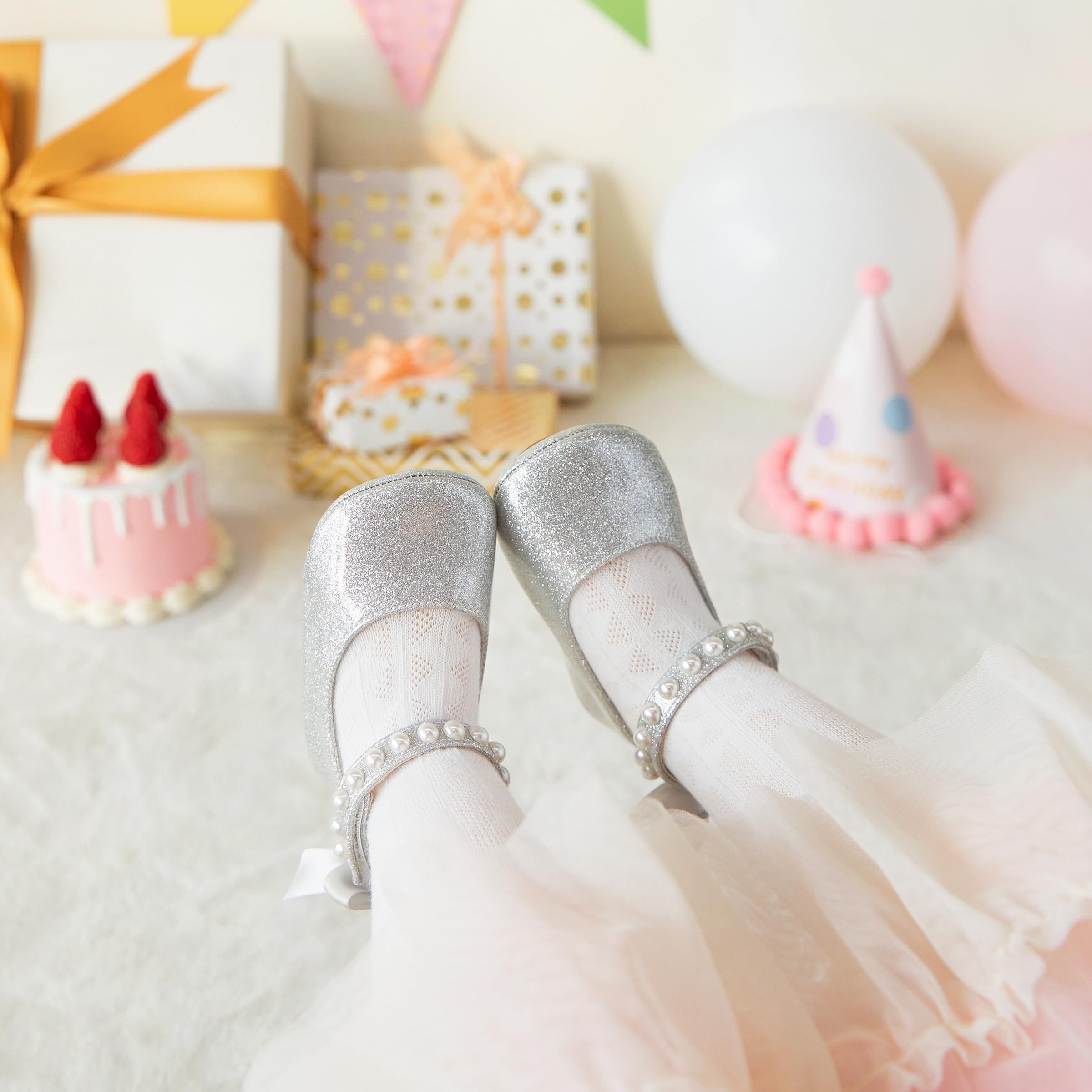 PHIRAMIN Baby Girls Glitter Silver Mary Jane Flats - Infant 18-24 Months Walking Shoes Soft Rubber Sole Princess Wedding