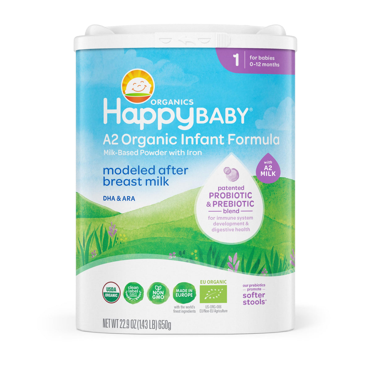 HAPPY BABY Stage 1 A2, 0-12 Months, Organic Infant Formula, 22.9oz (1 Pack)