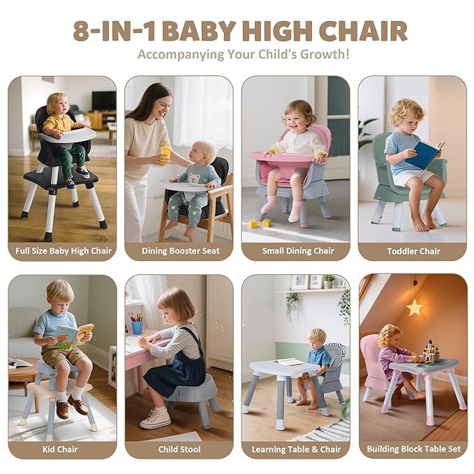 Baby High Chair, 8 in 1 Convertible Highchairs for Babies and Toddlers, Children Dining Booster Seat/Kids Building Block Table for Girls Boys, Baby Seat with Removable Tray, Green