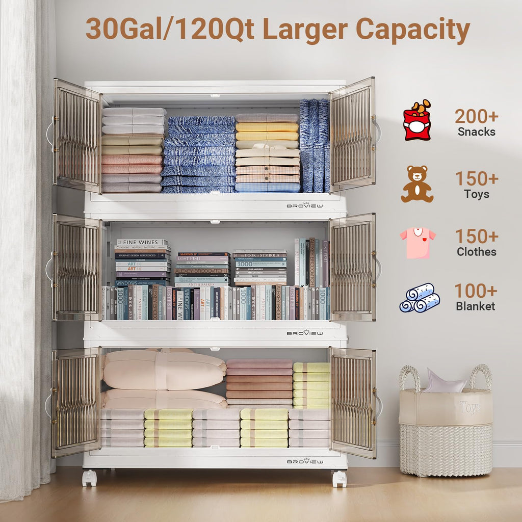 BROVIEW 480Qt Stackable Storage Bins with Lids, Extra Large Closet Organizer Collapsible Drawer Boxes with Wheels, Folding Plastic Cabinet Containers for Home Kitchen Room Organization, 4Pack White