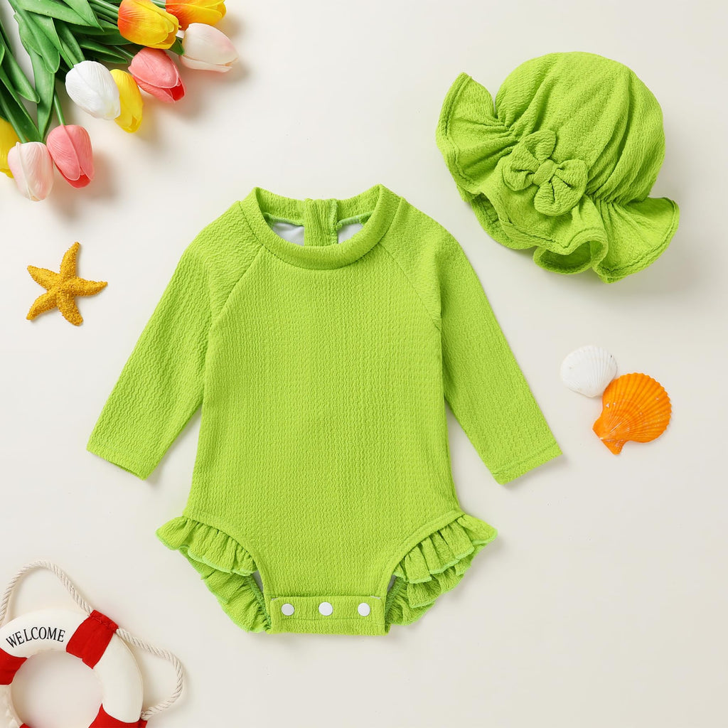YOUNGER TREE Infant Baby Girls Swimsuit Long Sleeve Swimsuits One Piece Swimsuit Solid Color Bathing Suit with Hat
