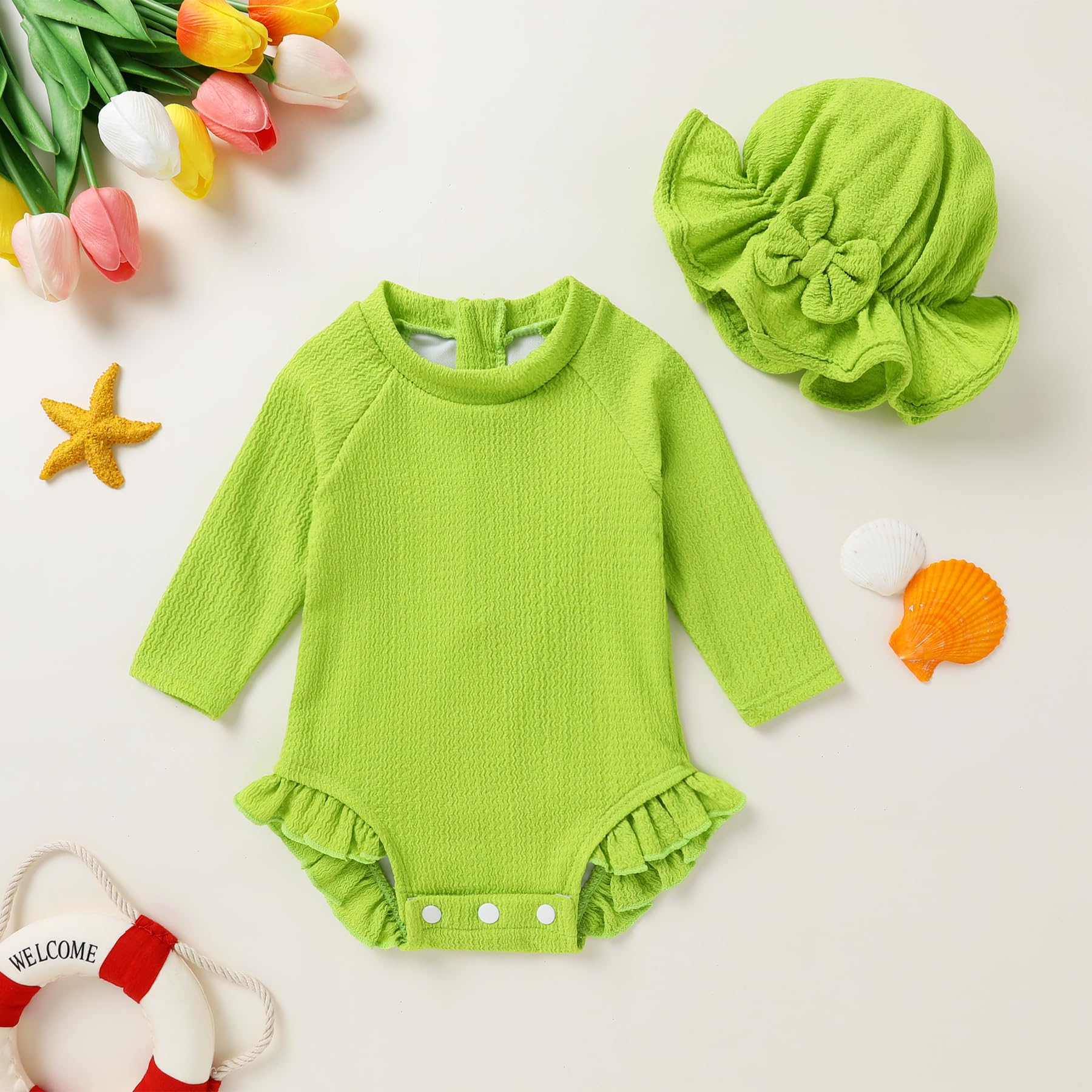YOUNGER TREE Infant Baby Girls Swimsuit Long Sleeve Swimsuits One Piece Swimsuit Solid Color Bathing Suit with Hat