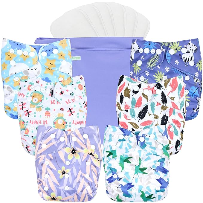 wegreeco Cloth Diapers 6 Pack with 6 Inserts & 1 Wet Bag, Washable Cloth Diapers for Babies, One Size Adjustable Reusable (Leaves, Animals)