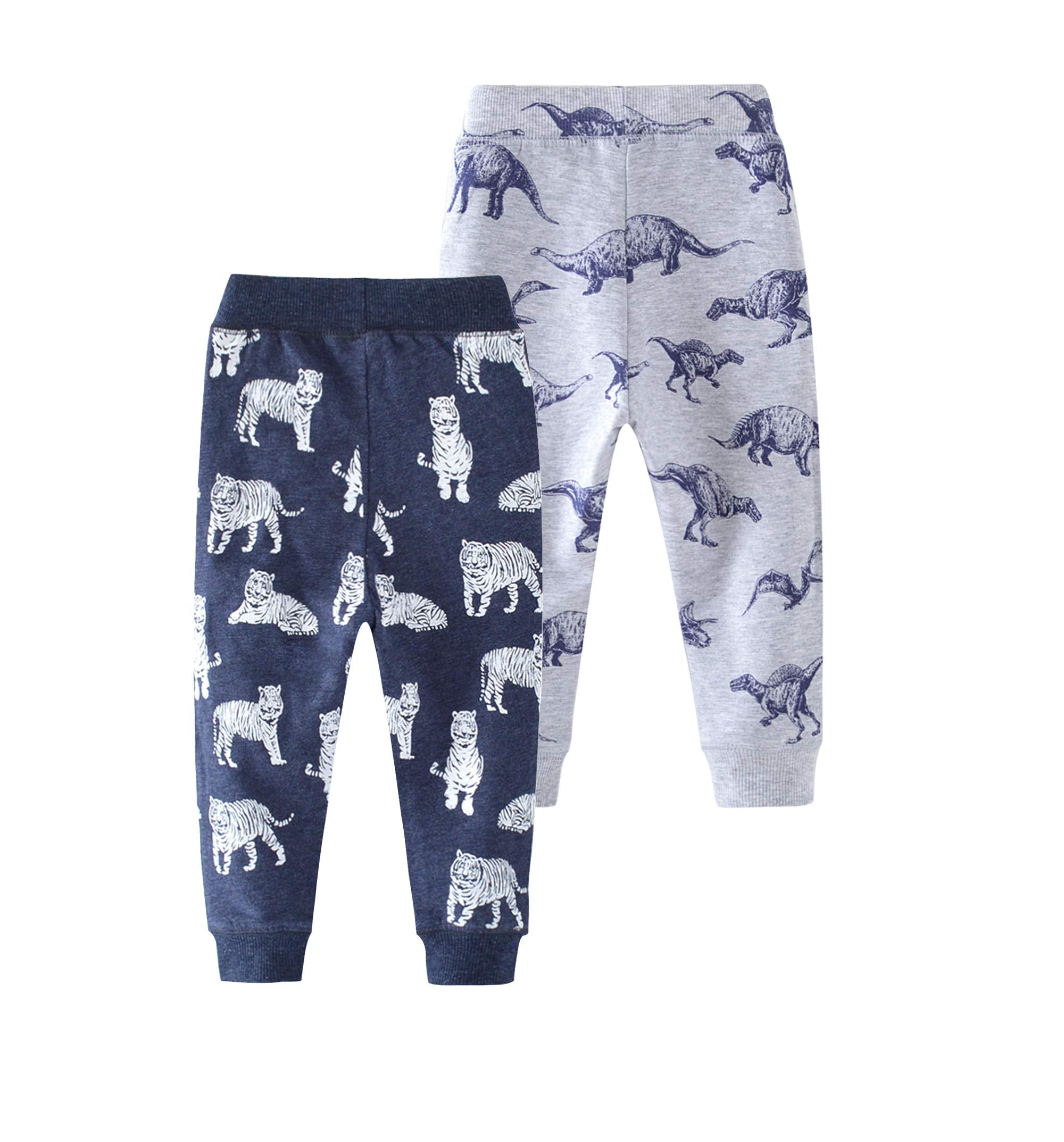 HUAER& Baby Boy's Jogger Pants Dinosaur Car Animal Print Drawstring Elastic Waist Sweatpants Cotton Toddler Athletic Pants 2-PCS((Tiger + Dinosaur,2-3T)