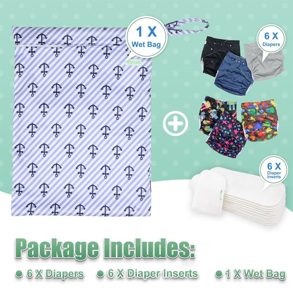 wegreeco Cloth Diapers 6 Pack with 6 Inserts & 1 Wet Bag, Washable Cloth Diapers for Babies, One Size Adjustable Reusable (with 1 Wet Bag,Boy Prints)