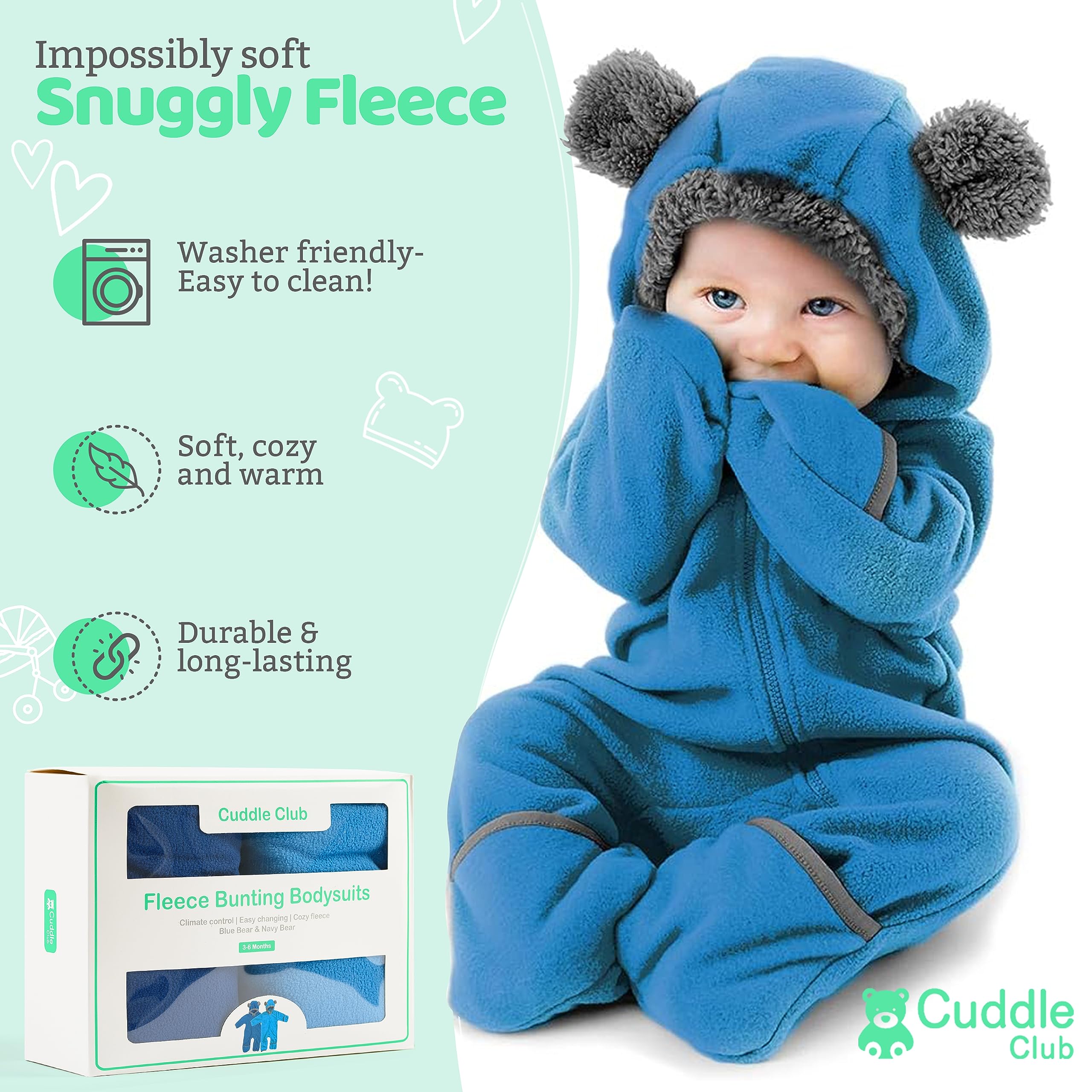 Cuddle Club Fleece Baby Bunting Bodysuit 2 Pack Bundle -Navy & Blue Baby Bear Bunting Fleece Jumpsuit - Teddy Bear Warm Buntings- Newborn Snowsuits 5T Buntings Suits