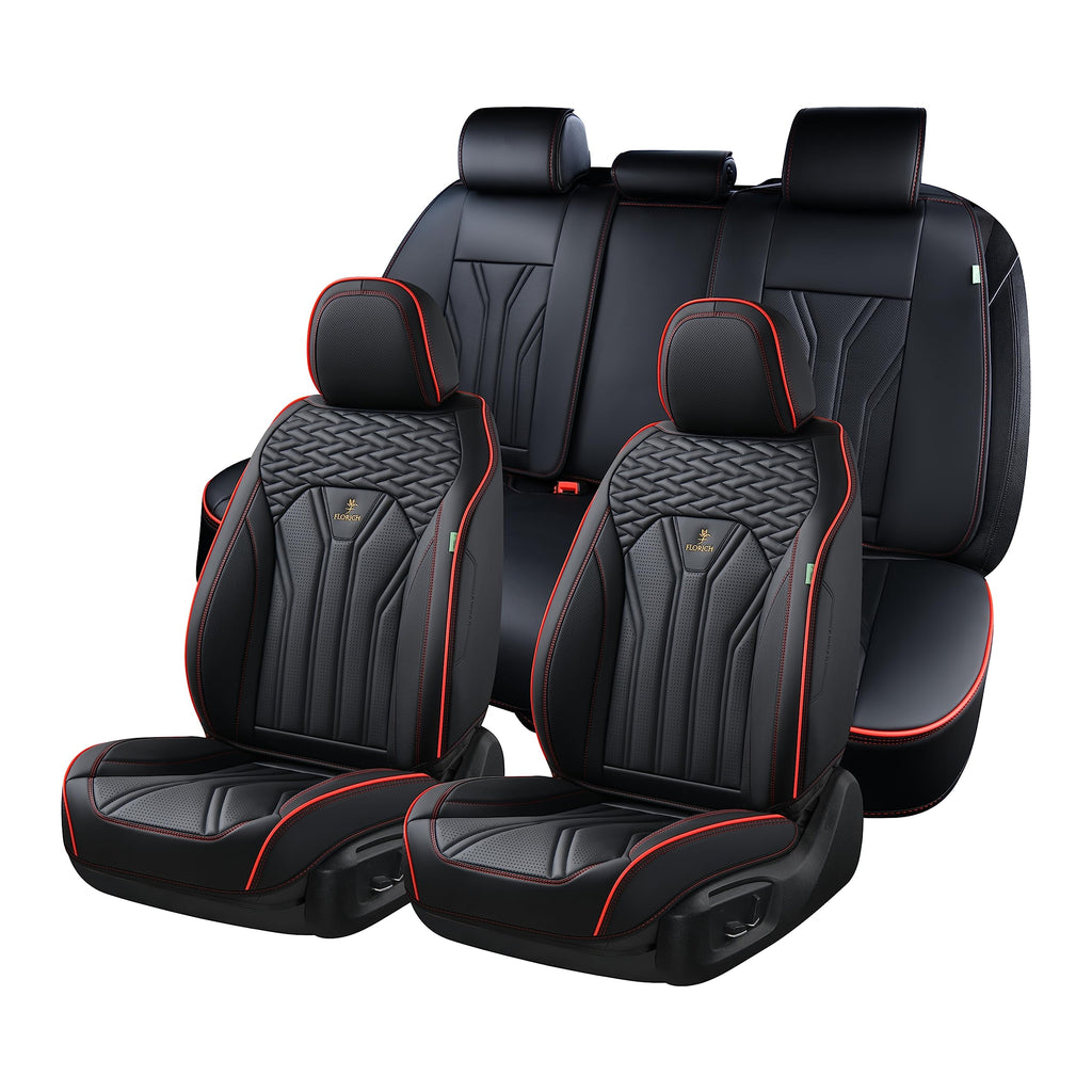 FLORICH Leather Seat Covers, Seat Covers Full Set, Car Seat Protectors 5 Seats, Automotive Seat Covers Fit for Most Cars Trucks SUV-Black&Red Line