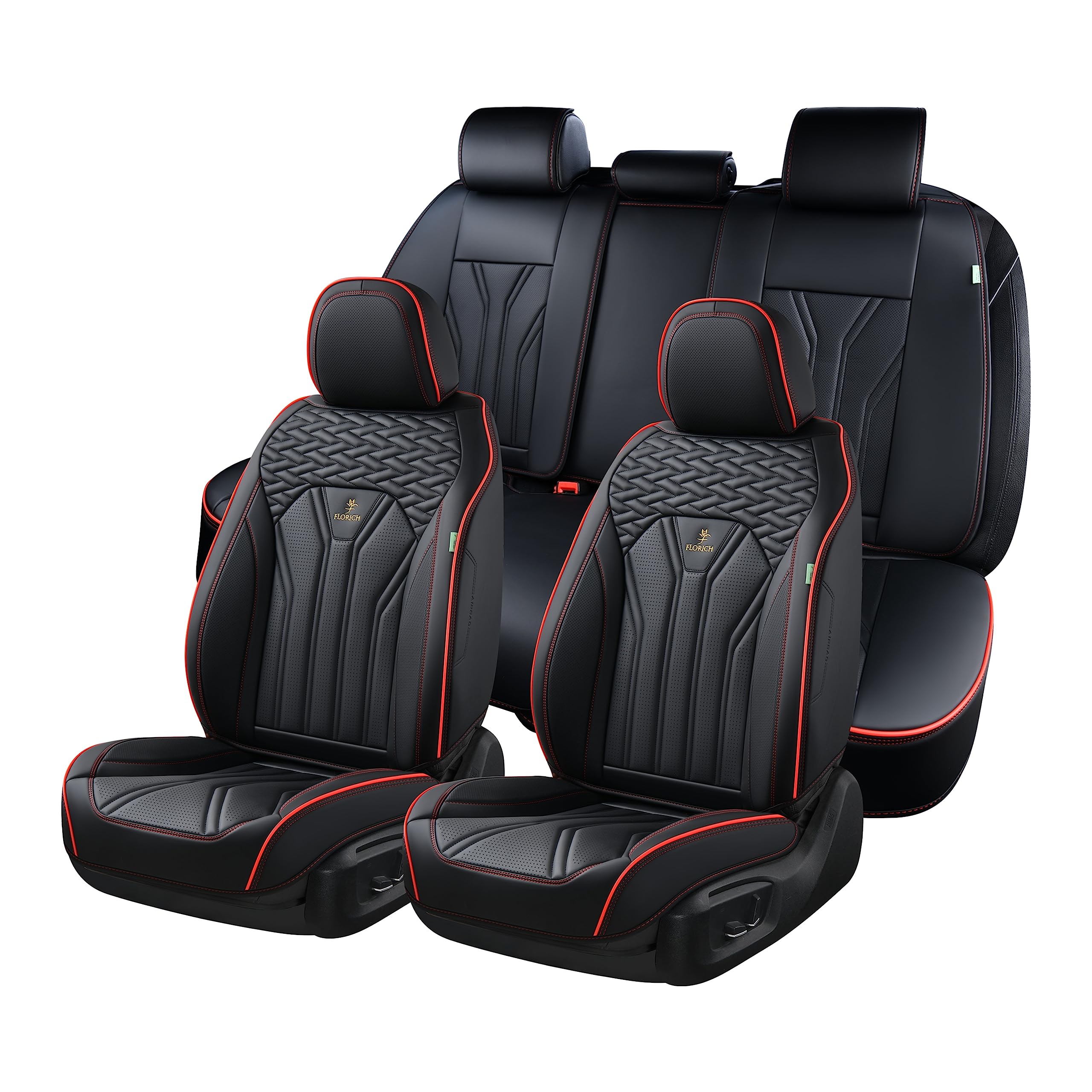 FLORICH Leather Seat Covers, Seat Covers Full Set, Car Seat Protectors 5 Seats, Automotive Seat Covers Fit for Most Cars Trucks SUV-Black&Red Line