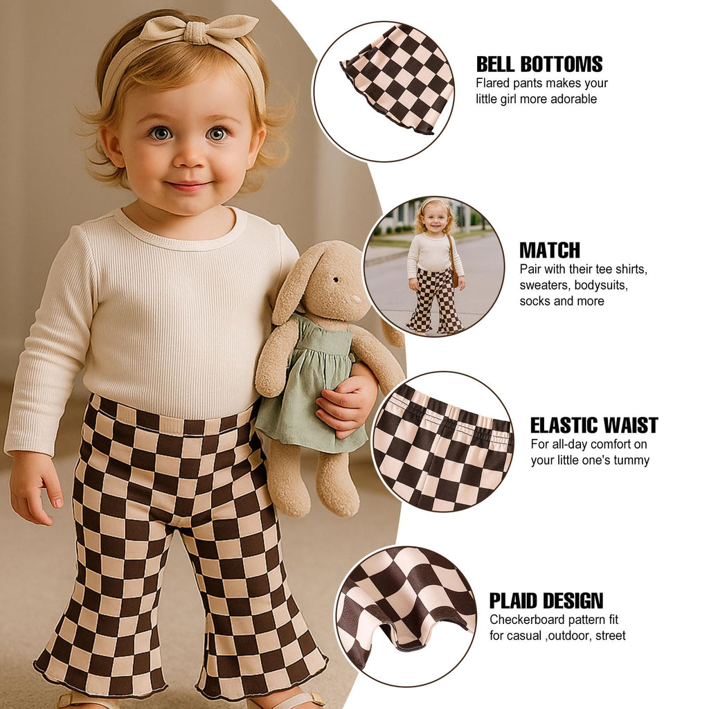 SOBOWO Checkered Baby Girl Flare Pants 3 Pack Toddler Bell Bottoms Plaid Ruffle Leggings Pants Fall Winter Outfits Size 6M-4T(18-24 Months, Brown&Pink Plaid/Brown/Caramel&White Plaid)