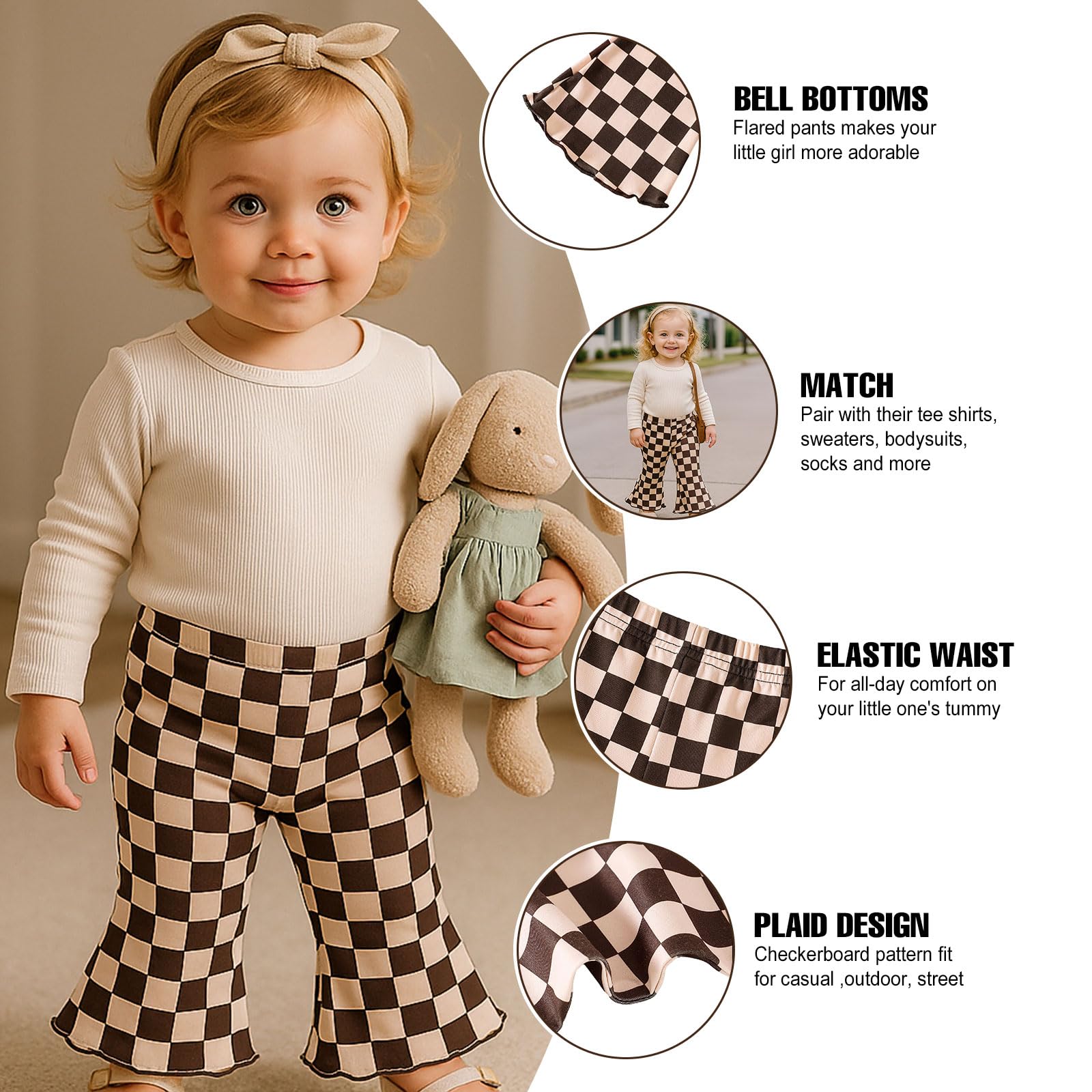 SOBOWO Checkered Baby Girl Flare Pants 3 Pack Toddler Bell Bottoms Plaid Ruffle Leggings Pants Fall Winter Outfits Size 6M-4T(18-24 Months, Brown&Pink Plaid/Brown/Caramel&White Plaid)