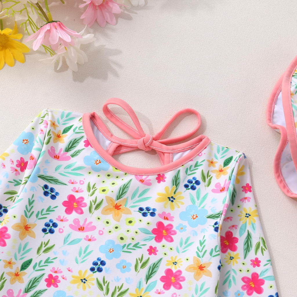 Infant Baby Girls Long Sleeve One Piece Swimsuit with Hat Floral Zipper Bathing Suit Leopard Beach Wear (Pink Edged Floral Fragments，12-18Months)