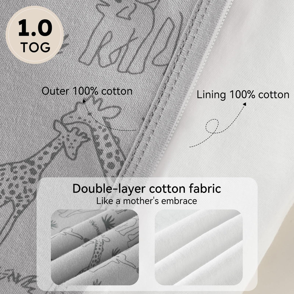 Unnivoll Baby Sleep Sack 12-18 Months 1.0 Tog Baby Wearable Blanket 100% Cotton Sleeping Sack with 2-Way Zipper for Toddler Infant Apricot & Gray Elephant