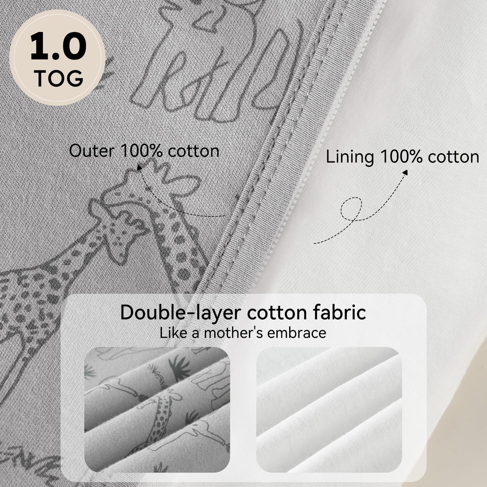 Unnivoll Baby Sleep Sack 12-18 Months 1.0 Tog Baby Wearable Blanket 100% Cotton Sleeping Sack with 2-Way Zipper for Toddler Infant Apricot & Gray Elephant