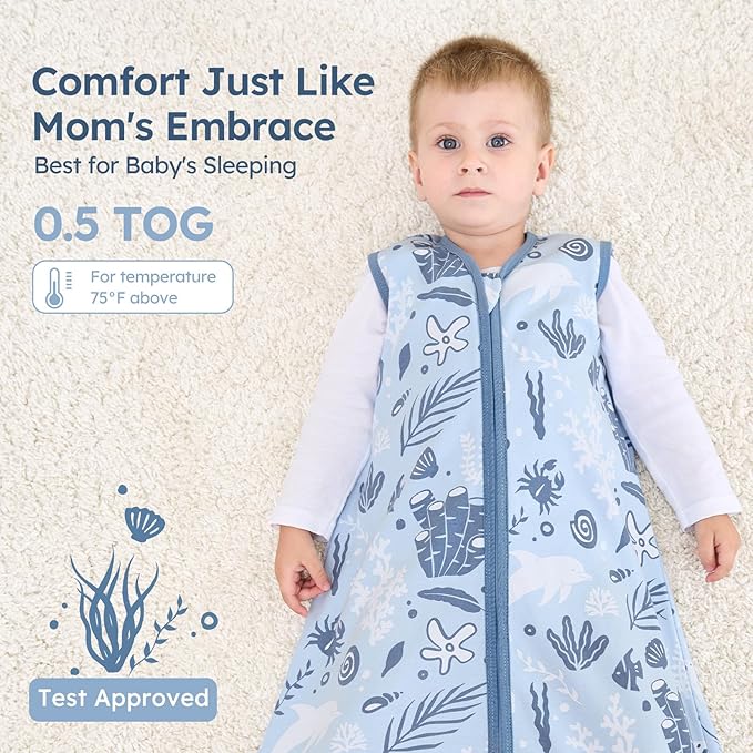 Baby Sleep Sack 12-18 Months 100% Cotton Lightweight 0.5 TOG Wearable Blanket Baby Sleep Bag with 2-Way Zipper for Infant Toddler Blue Dolphin