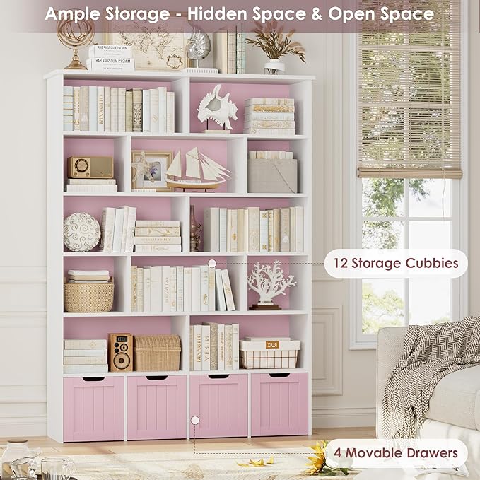 FINETONES 69" H Toy Storage Organizer, 6 Tier Tall Kids Bookshelf with 4 Movable Drawers and 12 Storage Cubbies, 49.4" W Toy Organizers and Storage Organizer Playroom Storage for Kids Room, Pink