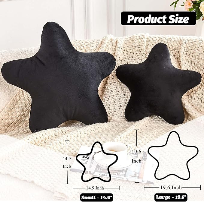 Black Star Throw Pillow, Cute Star Pillow Room Decor, Soft 19.6" Star Shaped Decorative Throw Pillow for Bedroom, Star Plush Floor Cushions Pillows