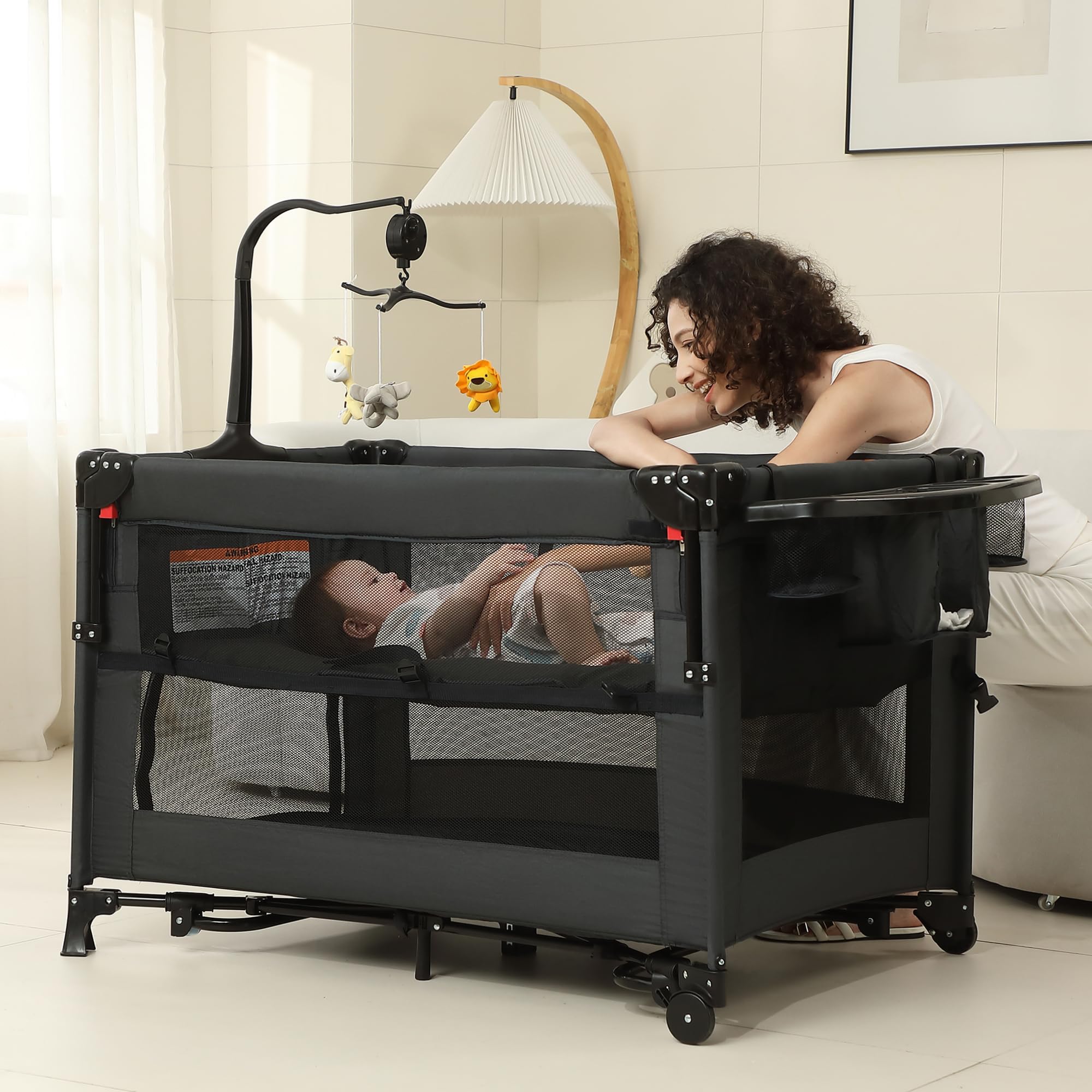 Pack and Play, Baby Bassinet Bedside Sleeper, Baby Playard with Changing Table, Foldable Travel Playard for Newborn to Toddlers (Black)