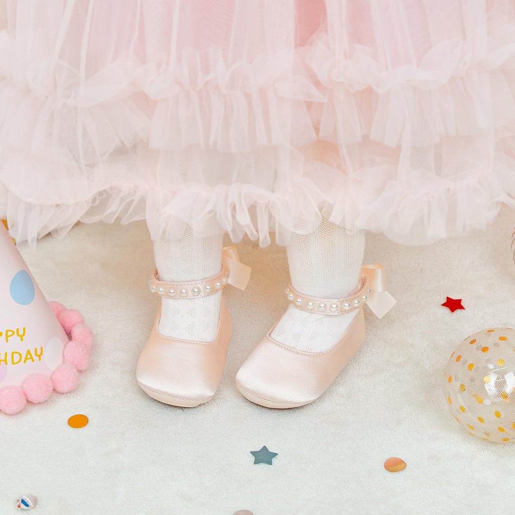 PHIRAMIN Baby Girls Peach Mary Jane Flats - Infant 12-18 Months Walking Shoes Soft Rubber Sole Princess Wedding