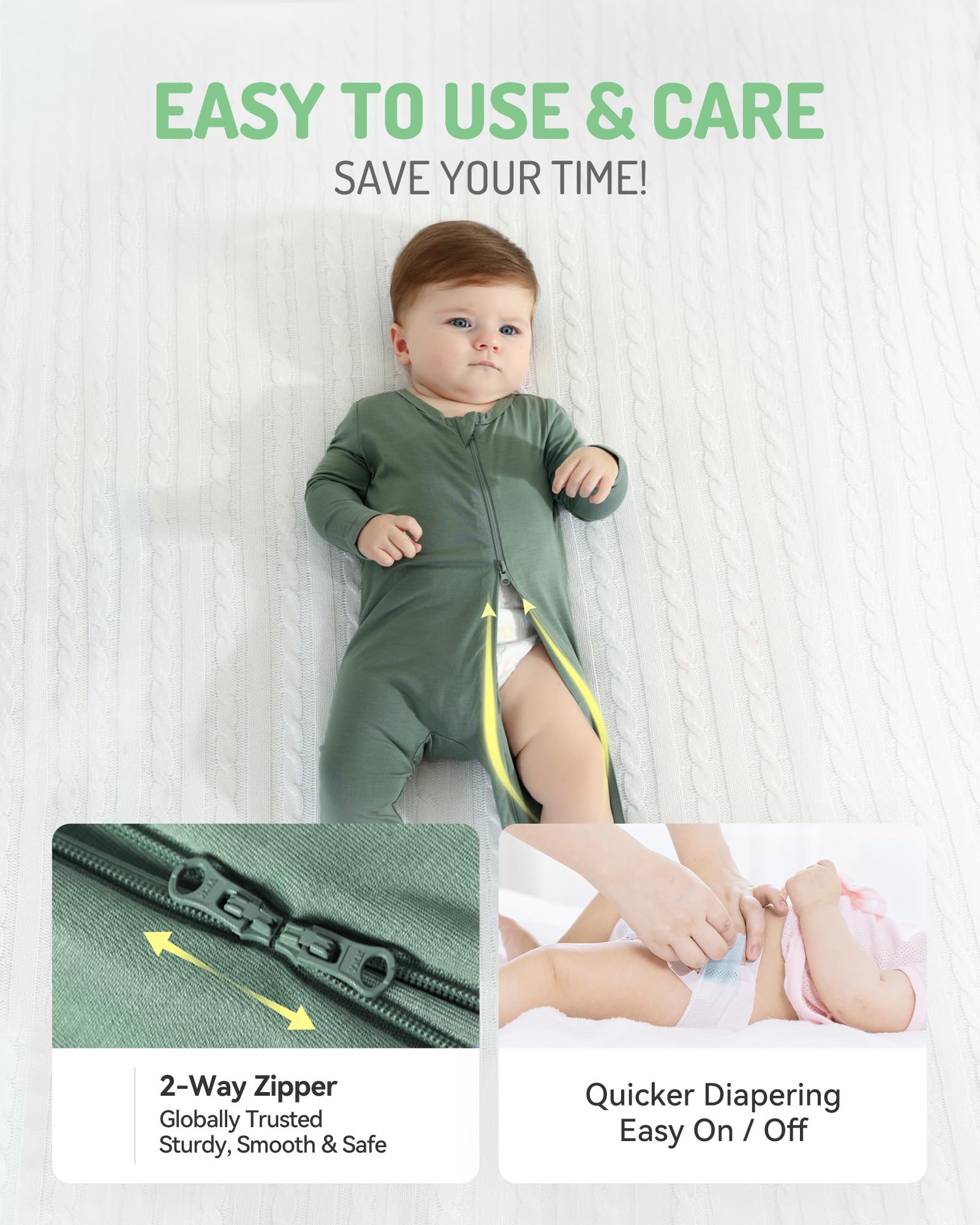 HAPIU Rayon from Bamboo Baby Footed Pajamas, 2 Way Premium Zipper, Footie for Baby Boy Girls, Newborn-24 Months, 3-Pack, Light Heather Grey&Dark Grey&Dark Forest Green,Newborn