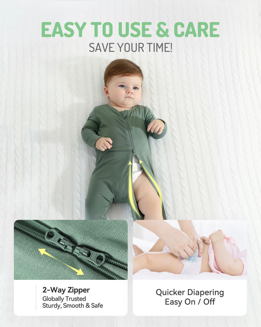 HAPIU Rayon from Bamboo Baby Footed Pajamas, 2 Way Premium Zipper, Footie for Baby Boy Girls, Newborn-24 Months, 3-Pack, Light Heather Grey&Moonlight Blue&Dark Forest Green, 0-3 Months