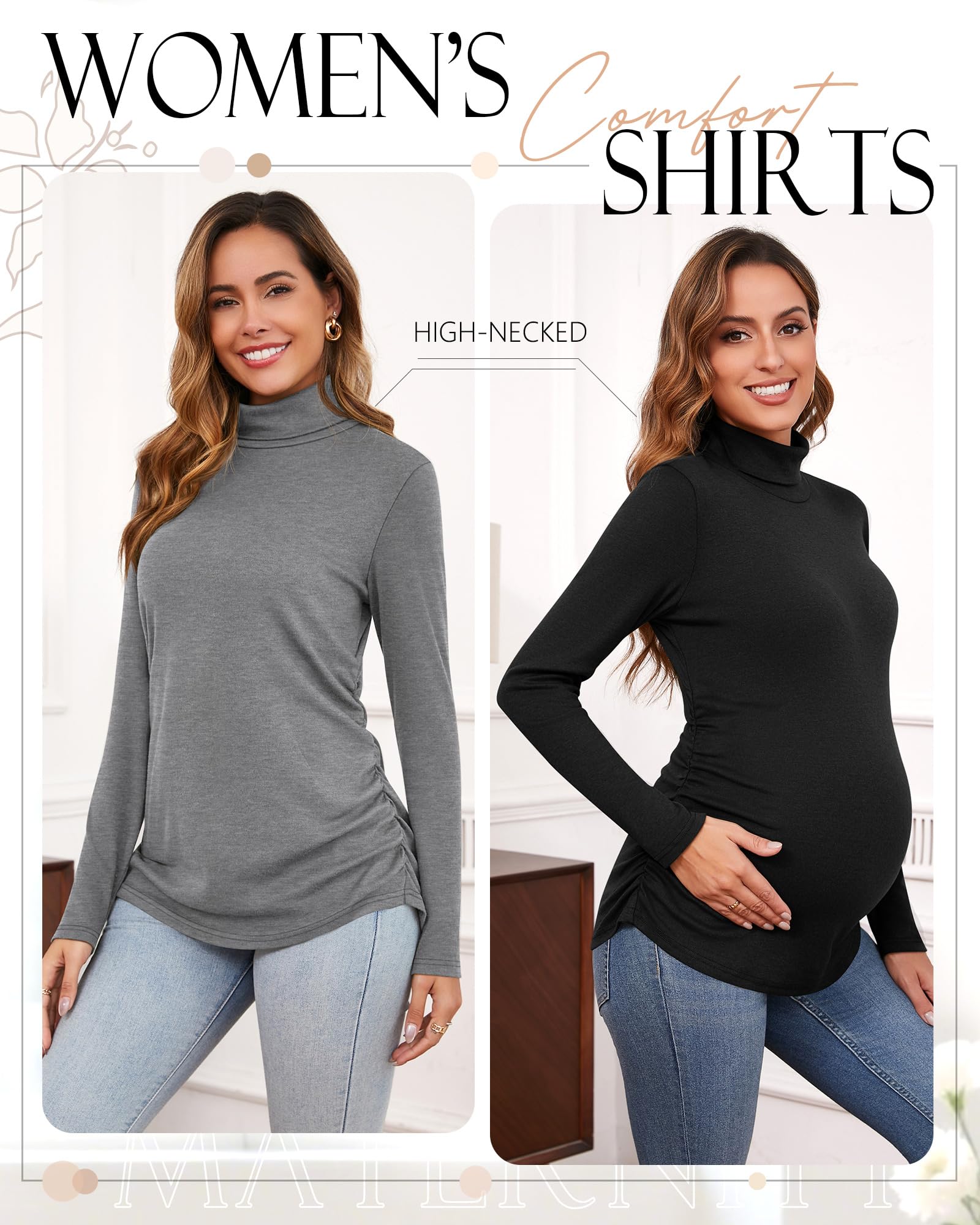 Ficerd 3 Pack Women's Maternity Shirts, Turtleneck Long Sleeve Pregnancy Tops Casual Side Ruched Maternity Tees Mama Clothes(Black, Light Gray, Army Green,X-Large)