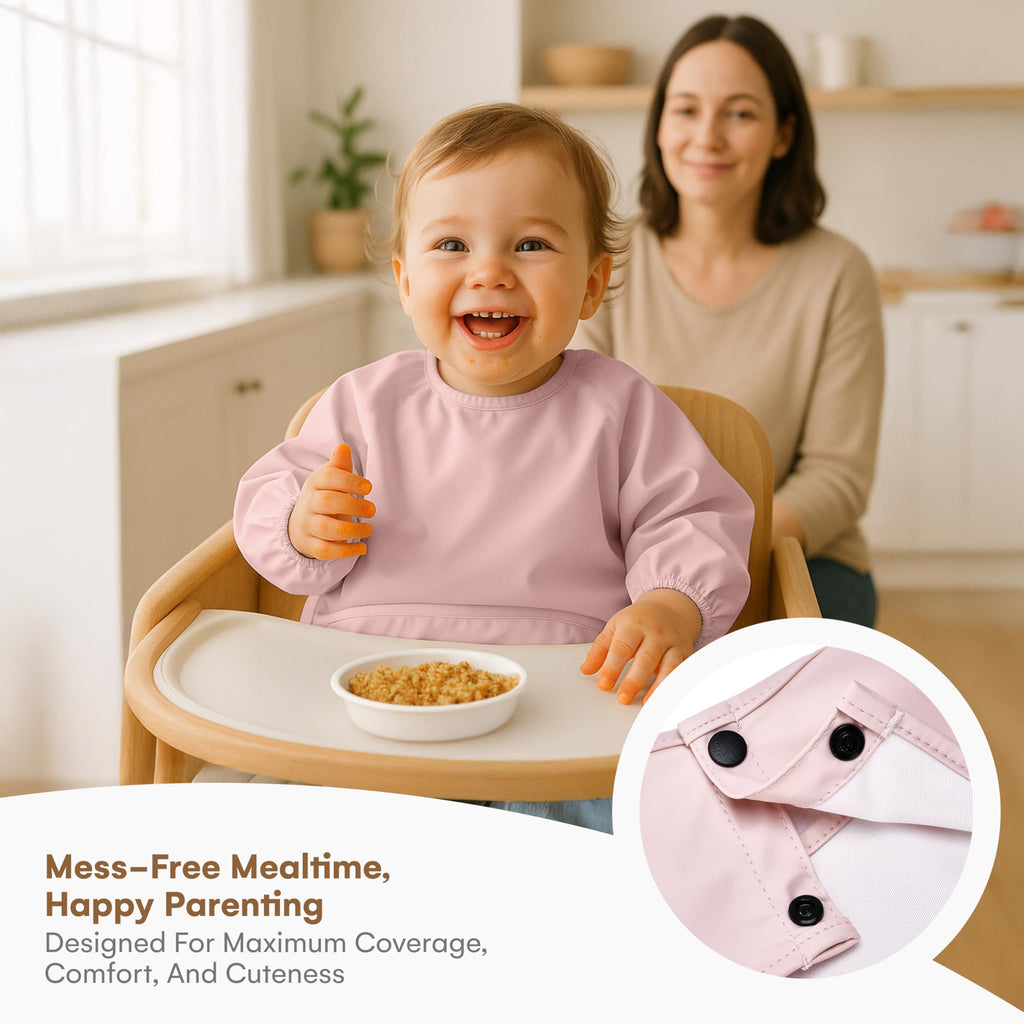 CHILDLIKE BEHAVIOR Baby Smock Bib - Set of 2 - Waterproof Travel Buddy, Mess-Proof Feeding - Long Sleeves, Gentle Closure - Two-Layer Cloth - Stress-Free Toddler Weaning - Sleeved Bib - Pink/Peach