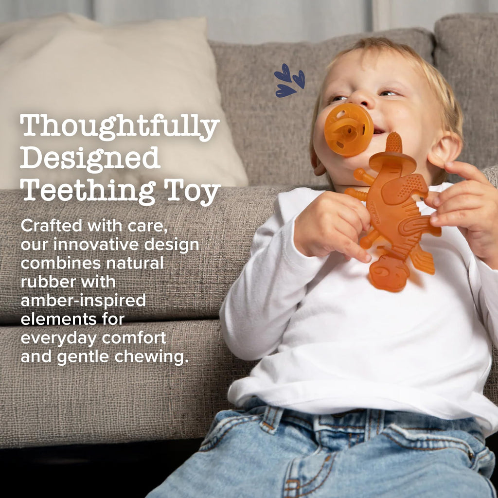 Bambeado Dibly Baby Teething Toy - Made with Natural Rubber & Amber Elements - Gentle Support, Easy to Hold, Simple to Clean - Cute Dinosaur Teether Toy - Alternative to Amber Teething Necklace